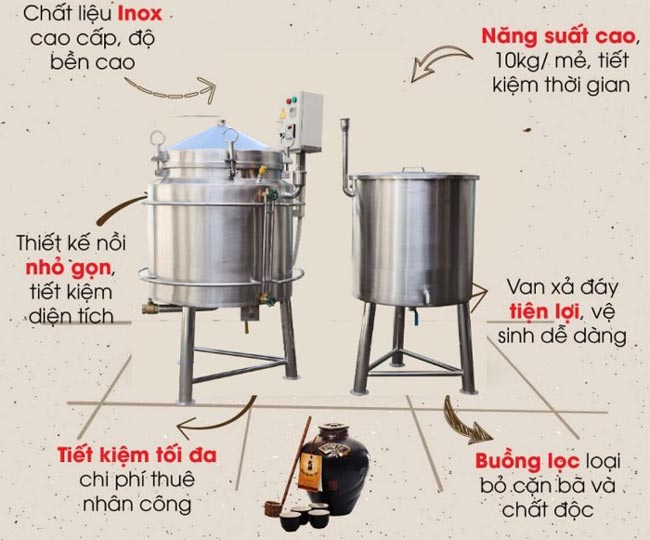 Nồi nấu rượu bằng điện giúp tiết kiệm thời gian, nâng cao năng suất hiệu quả