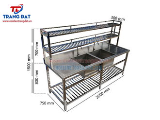 Chậu rửa công nghiệp 2 hố 2200×750 có kệ