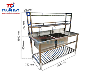 Chậu rửa công nghiệp 2 hố có bàn + kệ inox
